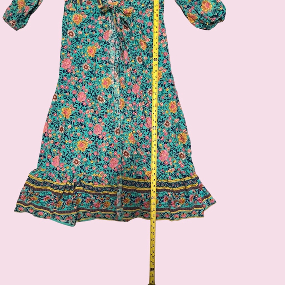 Zesica Floral Boho Kimono Duster Large Teal Tie Waist Long Sleeve Cover Up - Picture 8 of 16